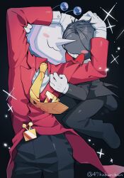  2boys 47uauakun ant_tenna belt_buckle black_background black_hair black_jacket black_pants blush_stickers buckle collared_shirt crt deltarune gloves green_pippins hands_on_another&#039;s_head highres hug_from_side jacket long_nose multiple_boys necktie object_head pants pippins_(deltarune) pointy_nose radio_antenna shirt single_blush_sticker size_difference small_mike_(deltarune) smile sparkle tailcoat teeth twitter_username utdr_(toby_fox) white_gloves white_shirt yellow_necktie 