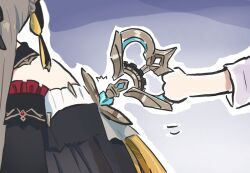  2girls automaton_(object) black_dress detached_sleeves dress from_side genshin_impact highres holding long_sleeves multiple_girls raiden_shogun sandrone_(genshin_impact) xinzoruo 