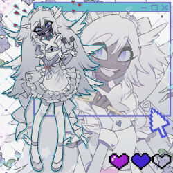  angel angel_wings apron blue_eyes blue_outline commentary cursor cute_fs2 dress emily_(hazbin_hotel) freckles frilled_dress frills grey_dress grey_shoes hands_up hazbin_hotel heart heart_hands hellaverse highres holding long_hair maid maid_apron maid_headdress multiple_wings outline shoes smile symbol-only_commentary teeth thigh-highs twintails upper_teeth_only white_hair white_thighhighs window_(computing) wings 