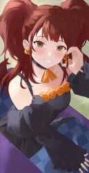  1girl black_dress brown_eyes brown_hair demon_wings dress earrings food-themed_earrings half-heart_hands halloween_costume highres jewelry konchi_(63438789) kujikawa_rise light_blush looking_at_viewer off-shoulder_dress off_shoulder persona persona_4 pumpkin_earrings smile solo twintails wings 