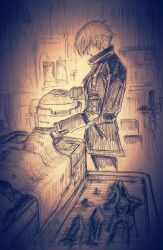  1boy 1girl 85cm85cm armor bed bed_sheet belt burnt commentary_request goddess_of_victory:_nikke hand_on_another's_head highres hospital_bed indoors jacket johan_(nikke) long_sleeves lying mechanical_hands military_jacket military_uniform monochrome noah_(nikke) on_back on_table sepia sketch table tray under_covers unworn_armor 