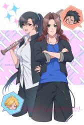  2boys 2girls aerith_gainsborough aerith_gainsborough_(midgard_seventh_high_school) bandaid bandaid_on_cheek bandaid_on_face baseball_bat black_hair black_jacket black_pants blonde_hair blue_scrunchie blue_shirt blush braid breasts brown_hair closed_eyes closed_mouth cloud_strife cloud_strife_(cosplay) cloud_strife_(midgard_seventh_high_school) collarbone collared_shirt commentary_request cosplay cropped_legs crossdressing crossdressing_(ftm) crossed_arms delinquent earrings final_fantasy final_fantasy_vii final_fantasy_vii_ever_crisis flat_chest flying_sweatdrops gakuran green_eyes hair_ornament hair_scrunchie hand_on_own_hip high_ponytail highres holding holding_baseball_bat jacket jewelry large_breasts long_hair looking_at_viewer multiple_boys multiple_girls necklace notice_lines open_clothes open_jacket open_mouth pants parted_bangs ponytail red_eyes school_uniform scrunchie sd0_ino shirt short_hair sparkle spiky_hair spoken_character stud_earrings tifa_lockhart tifa_lockhart_(midgard_seventh_high_school) twin_braids twitter_username white_shirt zack_fair zack_fair_(cosplay) zack_fair_(midgard_seventh_high_school) 