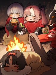  1boy 3girls absurdres anby_demara animal_ears barcode barcode_tattoo belt billy_kid black_gloves black_ribbon black_sleeves blanket blush book burger campfire cat_ears cat_girl chroong closed_eyes clothed_robot commentary_request eating facial_mark fingerless_gloves food forehead_mark forehead_tattoo gloves green_sleeves grey_hair grey_pants hair_ribbon hairband head_on_pillow headphones highres holding holding_book holding_burger holding_food humanoid_robot jacket long_hair lying mole mole_under_eye multicolored_sleeves multiple_girls nekomiya_mana nicole_demara on_stomach open_mouth orange_eyes pants pillow pink_hair red_hairband red_jacket red_scarf ribbon robot robot_boy runny_nose scarf short_hair sleeping snot tattoo triangle triangle_facial_mark white_hair zenless_zone_zero 