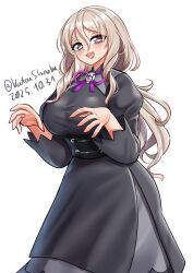  1girl absurdres black_dress brown_hair cosplay dated dress feet_out_of_frame grey_hair hair_between_eyes hex_maniac_(pokemon) hex_maniac_(pokemon)_(cosplay) hex_maniac_(pokemon_legends:_z-a) hex_maniac_(pokemon_legends:_z-a)_(cosplay) highres kantai_collection katou_shinobu low_ponytail pokemon pokemon_legends:_z-a pola_(kancolle) ponytail simple_background smile solo twitter_username white_background 