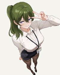  1girl absurdres ai-assisted black_pantyhose breasts collared_shirt green_hair high_heels highres jmx_(j_m_x) looking_at_viewer medium_breasts office_lady pantyhose pencil_skirt shirt side_ponytail skirt solo sousou_no_frieren standing ubel_(sousou_no_frieren) v violet_eyes white_hair 