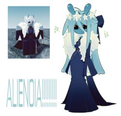  1girl air_zizon alienposting_(meme) bare_shoulders blue_bow blue_dress blue_hair blue_skin bow closed_mouth colored_skin detached_sleeves dress eunoia_(frozen_soul) frozen_soul full_body game_screenshot_inset hair_bow highres long_hair long_sleeves meme roblox sidelocks simple_background solo sparkle standing very_long_hair white_background 