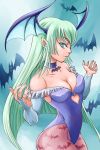  bare_shoulders bat bat_wings bats breasts bridal_gauntlets capcom choker cleavage demon_girl erect_nipples fingernails green_hair head_wings large_breasts leotard long_fingernails long_hair morrigan_aensland no_bra outstretched_arms pantyhose pointy_ears profile sabusuka smile spread_arms vampire_(game) very_long_hair wings 