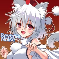  1girl animal_ear_fluff animal_ears circle_cut commentary_request detached_sleeves english_text hat inubashiri_momiji looking_at_viewer open_mouth outline partial_commentary pom_pom_(clothes) red_eyes red_hat shirt short_hair sleeveless sleeveless_shirt smile solo tokin_hat touhou upper_body white_hair white_outline white_shirt white_sleeves wolf_ears wolf_girl yamu_(reverse_noise) 