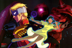  1boy 1girl absurdres aiming barefoot bindi black_hair blonde_hair char_aznable dark_skin dress epaulettes eye_mask glowing gun gundam highres indian_clothes kotobuki_tsukasa lalah_sune machine_gun machinery mask mecha mobile_suit mobile_suit_gundam mobile_suit_gundam_the_origin nebula official_art one-eyed retro_artstyle robot roundel scan science_fiction scope shoulder_spikes space spikes star_(sky) weapon zaku_i_char_custom zeon 