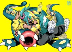  1girl breasts canari_(pokemon) eelektross holding holding_poke_ball jacket kurose_kousuke large_breasts mask midriff mouth_mask multicolored_hair navel nintendo_switch_2 one_eye_closed pants poke_ball pokemon pokemon_(creature) pokemon_legends:_z-a quick_ball rotom rotom_phone shoes signature sneakers split-color_hair twintails two-tone_pants yellow_background yellow_jacket 