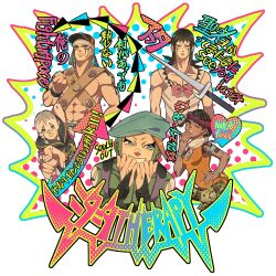  1girl 4boys abs absurdres arm_tattoo baseball_cap beret black_bridal_gauntlets black_hair black_overalls blue_eyes blue_hair blue_hat bodysuit bow braid bridal_gauntlets brown_hair charming_man commentary_request dark-skinned_female dark_skin dragona_joestar dreadlocks dress english_commentary fingernails green_bodysuit grey_hair grin hair_between_eyes hat hat_ornament head_wreath heart heart_ornament highres hood hood_down hooded_overalls jodio_joestar jojo_no_kimyou_na_bouken long_bangs medium_hair mixed-language_commentary multicolored_hair multiple_boys muscular muscular_male orange_dress orange_hat overalls paco_laburantes pink_bow pointing pointing_at_viewer polearm short_hair shoulder_belt side_braid single_braid siniy smile soul'd_out star_(symbol) star_hat_ornament sword tattoo the_jojolands translation_request two-tone_hair usagi_aloha'oe weapon white_background white_overalls wristband 