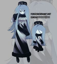  1girl air_zizon black_dress black_gloves black_hat blue_hair closed_mouth colored_skin crown dress eunoia_(frozen_soul) frozen_soul full_body fur-trimmed_dress fur-trimmed_sleeves fur_collar fur_hat fur_trim gloves hair_between_eyes hat highres long_hair papakha roblox smile solo very_long_hair white_skin 