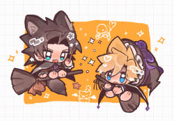 2boys animal_ears barefoot black_cape black_hair blonde_hair blue_eyes blym7oym7759061 broom broom_riding brown_shirt cape capelet chibi chibi_only cloud_strife commentary crisis_core_final_fantasy_vii fang final_fantasy final_fantasy_vii flying frilled_hat frilled_sleeves frills full_body grid_background hair_intakes hand_up hat hat_ribbon highres holding holding_wand kemonomimi_mode light_blush looking_at_another male_focus moogle multiple_boys neck_ribbon open_mouth orange_background orange_ribbon parted_bangs purple_ribbon ribbon shirt sparkle spiky_hair star_(symbol) symbol-only_commentary tail tonberry wand white_capelet witch_hat wolf_boy wolf_ears wolf_tail zack_fair 