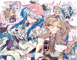  2boys alternate_costume arknights blonde_hair blue_eyes blue_hair blue_skin blush_stickers brothers brown_hair chibi chibi_inset colored_extremities colored_skin commentary dark_skin dragon_boy dragon_horns dragon_tail drop_shadow hat holding holding_paper horns ji_(arknights) long_hair male_focus multicolored_eyes multicolored_hair multiple_boys outline paper pink_eyes pink_hair pink_hat polka_dot polka_dot_background ponytail siblings sidelocks streaked_hair symbol-only_commentary tail two-tone_eyes upper_body visor_cap whistle white_background yi_(arknights) ym_dpl 