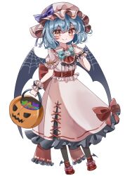  1girl ascot bat_wings beni_hari1110 blue_bow blue_hair blush bow candy collared_shirt food frilled_shirt_collar frills hair_between_eyes halloween hat hat_bow highres holding holding_pumpkin jack-o&#039;-lantern mob_cap pink_hat puffy_short_sleeves puffy_sleeves pumpkin red_ascot red_eyes remilia_scarlet shirt short_hair short_sleeves simple_background smile solo touhou white_background wings wrist_cuffs 