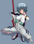  blue_hair crouch lance lance_of_longinus neon_genesis_evangelion plugsuit polearm red_eyes short_hair solo spread_legs squat squatting weapon 