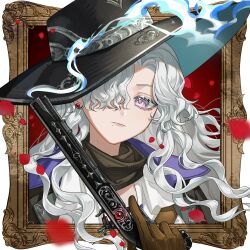  1girl absurdres black_coat black_hat black_scarf brown_gloves closed_mouth coat commission earrings falling_petals gloves gun hair_over_one_eye hat highres holding holding_gun holding_weapon jewelry looking_at_viewer official_alternate_costume one_eye_covered out_of_frame petals picture_frame pink_eyes red_background reverse:1999 scarf second-party_source shirt smoke smoking_barrel solo sop_(sopdraws) weapon white_hair white_shirt windsong_(reverse:1999) 