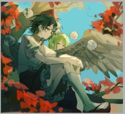  autumn_leaves black_hair black_skirt black_wings chinese_commentary closed_mouth commentary_request frills frog_hair_ornament from_side geta green_eyes green_hair hair_ornament hands_on_own_knees hat kochiya_sanae leaf parted_lips pom_pom_(clothes) shameimaru_aya shirt short_sleeves sitting sitting_on_branch skirt smile socks tengu-geta thighs tokin_hat touhou white_shirt white_socks wings xian_qishui yellow_eyes 