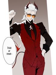  1boy alternate_costume arm_belt belt belt_buckle black_belt black_shirt buckle closed_mouth demon_horns english_text eyes_visible_through_eyewear feet_out_of_frame fireicers glasses hair_slicked_back halloween hand_in_pocket hashtag-only_commentary highres horns lapels looking_to_the_side male_focus necktie notched_lapels orange-tinted_eyewear pants pinstripe_pants pinstripe_pattern pinstripe_vest red_necktie red_pants red_vest shirt sleeve_cuffs smile solo speech_bubble standing tinted_eyewear to_be_hero to_be_hero_x vest white_hair x_(to_be_hero_x) 