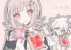  1boy 1girl :o black_shirt blush brown_hair collarbone danganronpa_(series) danganronpa_2:_goodbye_despair flipped_hair food fruit gradient_hair grey_hair hair_ornament holding holding_food komaeda_nagito komanami_kawaii long_sleeves medium_hair milk_carton multicolored_hair nanami_chiaki neck_ribbon outline pink_ribbon ribbon shirt strawberry two-tone_shirt white_outline white_shirt 