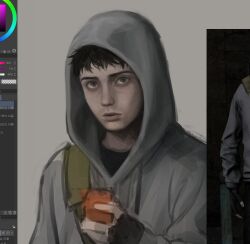  1boy art_program_in_frame bag bags_under_eyes black_eyes black_gloves black_hair cry_of_fear fingerless_gloves gloves grey_hoodie highres holding holding_phone hood hood_up hoodie jo4hedan looking_at_viewer male_focus parted_lips phone reference_inset screenshot short_hair shoulder_bag simon_henriksson solo 