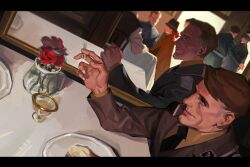 1boy ashtray black_necktie brown_hair brown_suit cigarette collared_shirt flower from_side green_eyes hans_landa holding holding_cigarette indoors inglourious_basterds male_focus mature_male mirror necktie parted_hair people plate red_flower red_rose redsakaone restaurant rose shirt smile solo solo_focus suit table vase yellow_shirt 