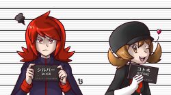  1boy 1girl barbie_mugshot_(meme) brown_eyes brown_hair character_name cresselia92 gloves holding holding_sign looking_at_viewer lyra_(pokemon) meme mugshot nameplate one_eye_closed pokemon pokemon_hgss red_eyes red_hair sign silver_(pokemon) team_rocket team_rocket_uniform white_gloves 