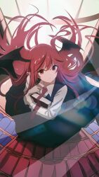  1girl absurdres backlighting bat_wings black_skirt black_vest black_wings book bookshelf collared_shirt commentary_request dot_nose dress_shirt embodiment_of_scarlet_devil eyelashes eyes_visible_through_hair fisheye floating floating_hair from_above hair_between_eyes head_wings highres holding holding_book hugging_book hugging_object koakuma light_rays long_hair looking_at_viewer necktie necktie_overhang parted_lips red_eyes red_hair red_necktie shirt sidelocks sketch skirt skirt_set solo touhou vest white_shirt window wings zhufenghg 