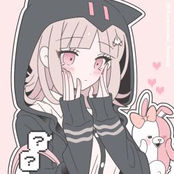  1girl :d ? black_jacket blush bow brown_hair closed_mouth danganronpa_(series) danganronpa_2:_goodbye_despair ear_bow flipped_hair hair_ornament hands_on_own_cheeks hands_on_own_face hands_up heart heterochromia hood hooded_jacket jacket komanami_kawaii long_sleeves medium_hair monomi_(danganronpa) nanami_chiaki open_clothes open_jacket pink_eyes shirt smile spoken_question_mark upper_body white_shirt 