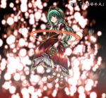  774kks bow danmaku dress floating frills front_ponytail green_eyes green_hair hair_bow hand_on_hip kagiyama_hina light_particles long_hair looking_down ponytail puffy_sleeves red_dress red_shoes solo touhou 