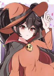  1girl ashley_(warioware) ayaka_00709 black_cape cape closed_mouth confetti dress hair_between_eyes hat highres long_hair long_sleeves looking_at_viewer official_alternate_costume orange_dress orange_hat red_cape red_eyes skull_ornament solo two-tone_cape warioware witch_hat 