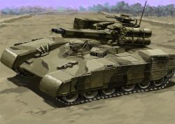  blue_sky camouflage caterpillar_tracks highres military military_vehicle motor_vehicle no_humans original outdoors science_fiction sky solo tank tank_turret tyokugekidato woodland_camouflage 