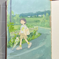  1girl bag black_hair brown_shoes closed_umbrella commentary_request day expressionless full_body green_socks guard_rail holding holding_umbrella original outdoors painting_(medium) parted_lips print_shirt road rural scenery shirt shoes short_hair shoulder_bag sneakers socks solo street t-shirt traditional_media twitter_username umbrella walking white_shoes yeyuan33 