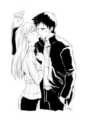  1boy 1girl aged_up artist_name belt black_hair black_jacket black_pants black_skirt blush breasts clenched_hand collared_jacket couple eye_contact facing_another frown greyscale hair_between_eyes hand_in_pocket hand_up ikari_shinji imminent_kiss jacket long_hair long_sleeves looking_at_another mature_female mature_male medium_breasts miniskirt monochrome mra_artworks neon_genesis_evangelion noses_touching open_clothes open_jacket pants parted_bangs parted_lips pencil_skirt profile shirt short_hair signature simple_background skirt souryuu_asuka_langley striped_clothes striped_sweater sunken_cheeks sweater turtleneck turtleneck_sweater vertical-striped_sweater white_background 