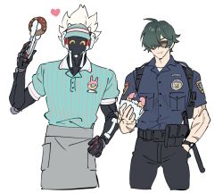  2boys :t ^_^ ahoge apron aqua_shirt badge belt belt_pouch billy_kid black_belt black_pants blue_shirt buttons closed_eyes closed_mouth collared_shirt commentary_request cowboy_shot cropped_legs doughnut eating employee_uniform food green_hair grey_apron hair_over_one_eye hand_in_pocket hand_on_own_hip hand_up heart highres holding holding_donut holding_food holding_tongs lighter_(zenless_zone_zero) male_focus multiple_boys multiple_scars napkin one_eye_covered pants parted_bangs pocket police police_uniform policeman pouch robot robot_boy s54nkasn scar scar_on_arm shirt short_hair short_sleeves simple_background spiky_hair standing striped_clothes striped_shirt sunglasses tongs vertical-striped_clothes vertical-striped_shirt visor_cap waist_apron watch watch white_background white_hair zenless_zone_zero 