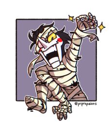  1boy arm_up bandaged_arm bandaged_hand bandaged_head bandaged_leg bandages black_eyes black_hair border circle_facial_mark colored_skin commentary deltarune english_commentary eyes_visible_through_eyewear heterochromatic_eyewear highres long_nose looking_at_viewer male_focus mummy_costume ok_sign outline outside_border pipispaints pointy_nose round_eyewear short_hair solo spamton_g._spamton sparkle tinted_eyewear twitter_username utdr_(toby_fox) white_border white_outline white_skin 