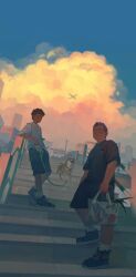  2boys bag black_hair black_shirt black_shorts cityscape clouds dog glasses golden_hour grey_vest groceries height_difference highres holding holding_bag holding_leash leash looking_at_viewer looking_up male_focus multiple_boys original shirt shoes short_hair shorts sky sneakers socks stairs transparent_bag undercut vest white_shirt white_socks zhouer13 