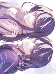  2girls alternate_costume blunt_bangs braid closed_mouth commentary_request dappled_sunlight english_text flower genshin_impact hair_ornament head_tilt highres japanese_clothes karamaru626 kimono light_smile long_braid looking_at_viewer looking_to_the_side makoto_(genshin_impact) multiple_girls neck_ribbon no_mole outdoors parted_lips purple_hair purple_kimono raiden_shogun ribbon shade siblings single_braid sisters smile standing sunlight twins upper_body violet_eyes wisteria 