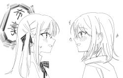  2girls absurdres bang_dream! bang_dream!_it&#039;s_mygo!!!!! blush chinese_commentary chinese_text commentary_request ear_blush greyscale haidao_mao hair_between_eyes hair_ribbon heart highres long_hair misumi_uika monochrome multiple_girls open_mouth ribbon short_hair sidelocks sweatdrop togawa_sakiko translation_request upper_body yuri 