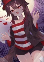  1girl :d absurdres alternate_costume black_shorts boo_tao_(genshin_impact) brown_hair brown_jacket claw_pose cowboy_shot ebichiri_sunday fang flower-shaped_pupils genshin_impact ghost hair_between_eyes halloween halloween_costume hat highres hu_tao_(genshin_impact) jacket long_hair looking_at_viewer moon night off_shoulder open_mouth red_eyes red_hat shirt shorts silk skin_fang smile spider_web stitches striped_clothes striped_shirt symbol-shaped_pupils twintails 