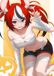  absurdres animal_ears bandages bare_shoulders blue_eyes breasts hakos_baelz halloween_costume highres hololive medium_breasts mouse_ears mouse_girl mouse_tail multicolored_hair mummy_costume navel no_bra open_mouth red_hair sharp_teeth shorts solo tail teeth thighs tokyo_(1421) 