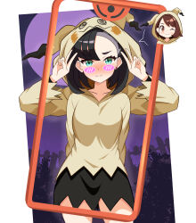  2girls absurdres arms_behind_back asymmetrical_bangs behind_another black_hair blue_komett blush blush_stickers breasts cosplay cowboy_shot double_v earrings gloria_(pokemon) halloween halloween_costume highres hood hood_up hoodie jewelry marnie_(pokemon) medium_breasts mimikyu mimikyu_(cosplay) miniskirt multiple_girls pokemon pokemon_swsh selfie single_earring skirt solo_focus twintails undercut v v-shaped_eyebrows 