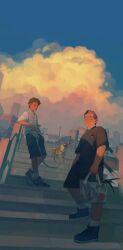  2boys bag black_hair black_shirt black_shorts cityscape clouds dog glasses golden_hour grey_vest groceries height_difference highres holding holding_bag holding_leash leash looking_at_viewer looking_up male_focus multiple_boys original shirt shoes short_hair shorts sky sneakers socks stairs transparent_bag undercut vest white_shirt white_socks zhouer13 