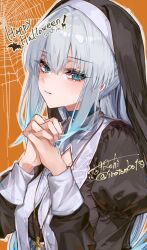  1girl above-cleavage_cutout aegyo_sal alternate_costume artist_name black_veil blue_eyeliner blue_eyes blue_hair blue_lips closed_mouth clothing_cutout commentary_request cross cross_necklace dated expressionless eyeliner fate/grand_order fate_(series) gradient_hair guimpe halloween hands_up happy_halloween highres interlocked_fingers jewelry juliet_sleeves light_blush lipstick long_hair long_sleeves looking_at_viewer makeup morgan_le_fay_(fate) multicolored_hair necklace nun orange_background outline own_hands_clasped own_hands_together puffy_sleeves sidelocks sideways_glance signature silk simple_background sleeve_cuffs solo spider_web togashi_(choco-bakama_kitchen) twitter_username two-tone_hair upper_body veil watermark white_hair white_outline 