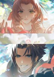  1boy 1girl absurdres black_gloves black_hair blue_eyes blurry blurry_background blurry_foreground brown_hair closed_mouth commentary_request crisis_core_final_fantasy_vii earrings final_fantasy final_fantasy_vii final_fantasy_vii_remake gloves green_eyes grin hair_ribbon highres jacket jewelry long_hair looking_at_viewer outstretched_hand parted_bangs pink_ribbon ppiinnee24 red_jacket ribbon smile spiky_hair stud_earrings sweater turtleneck turtleneck_sweater upper_body 