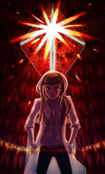  1girl 2021 absurdres atlus belt brown_hair eightblackpens frown hair_between_eyes hands_in_pockets highres ichinose_kuon lab_coat long_hair mature_female pants persona persona_5 persona_5_scramble:_the_phantom_strikers scientist shirt solo solo_focus spoilers 