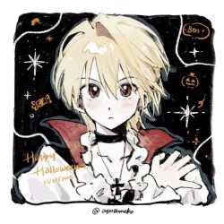  1boy black_choker blonde_hair blush brown_eyes cape choker closed_mouth cross cross_necklace dated dot_nose frilled_shirt frilled_sleeves frills halloween halloween_costume hand_on_own_shoulder happy_halloween hunter_x_hunter jewelry kurapika long_sleeves looking_at_viewer male_focus mystical_high_collar necklace polonekoo shirt solo speech_bubble straight-on twitter_username two-sided_cape two-sided_fabric white_shirt 
