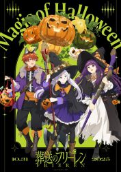  1boy 2girls :d alternate_costume black_boots boots bow brown_boots coat commentary_request copyright_name dated diagonal-striped_bow earrings elf fern_(sousou_no_frieren) floating flower_wreath frayed_skirt frieren frilled_skirt frills full_body green_eyes halloween hat hat_bow hat_ribbon highres holding holding_staff jack-o&#039;-lantern jewelry levitation long_hair looking_up mage_staff multiple_girls official_art open_mouth orange_background orange_bow pantyhose pointy_ears pumpkin purple_hair ribbon skirt smile sousou_no_frieren staff stark_(sousou_no_frieren) striped_bow violet_eyes white_hair white_skirt witch_hat 