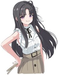  1girl :3 ahoge awa_subaru black_hair blush closed_mouth doroame_(ameyu) drumsticks girls_band_cry hair_ribbon highres holding holding_drumsticks long_hair looking_at_viewer parted_bangs ribbon shirt simple_background sleeveless sleeveless_shirt solo violet_eyes white_background white_ribbon white_shirt 