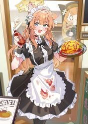 1girl absurdres animal_ears arrow_(symbol) black_dress black_pantyhose blue_archive blue_eyes bow cat_ears choker cuffs flower frills hair_ornament highres holding_bottle holding_plate kemonomimi_mode ketchup ketchup_bottle long_hair long_skirt looking_at_viewer maid maid_apron maid_dress maid_headdress mari_(blue_archive) menu muo_(muojjang_0929) omurice open_mouth orange_hair restaurant smile spilling stained_clothes sweat sweatdrop